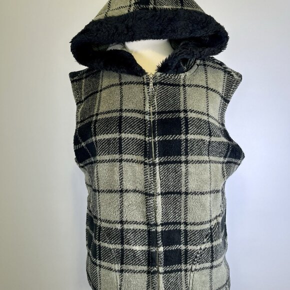 True Grit Sherpa Fleece Grey Plaid Hooded Sweater Vest Large Winter Western - Picture 2 of 6